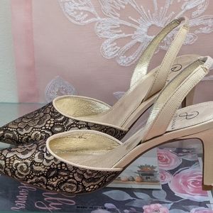 Beautiful black lace and gold slingback heels